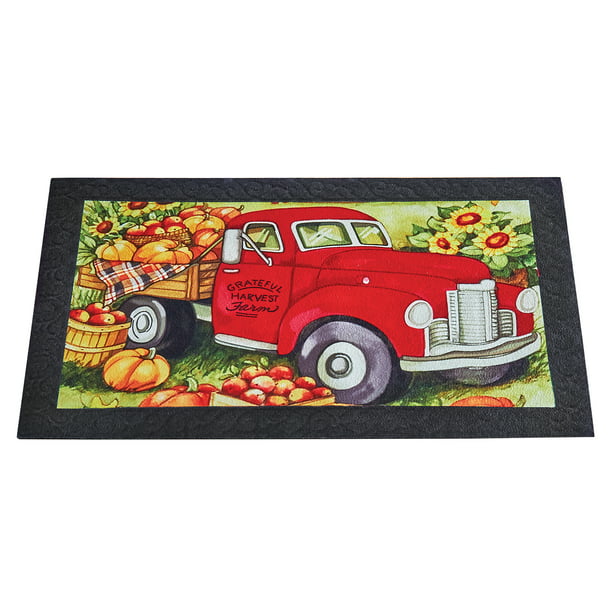 Autumn Pumpkin Harvest Red Pick-Up Truck Rubber Doormat | Fall Rug Home  D?cor | Vintage Style | Non Slip Backing | Polyester, Rubber
