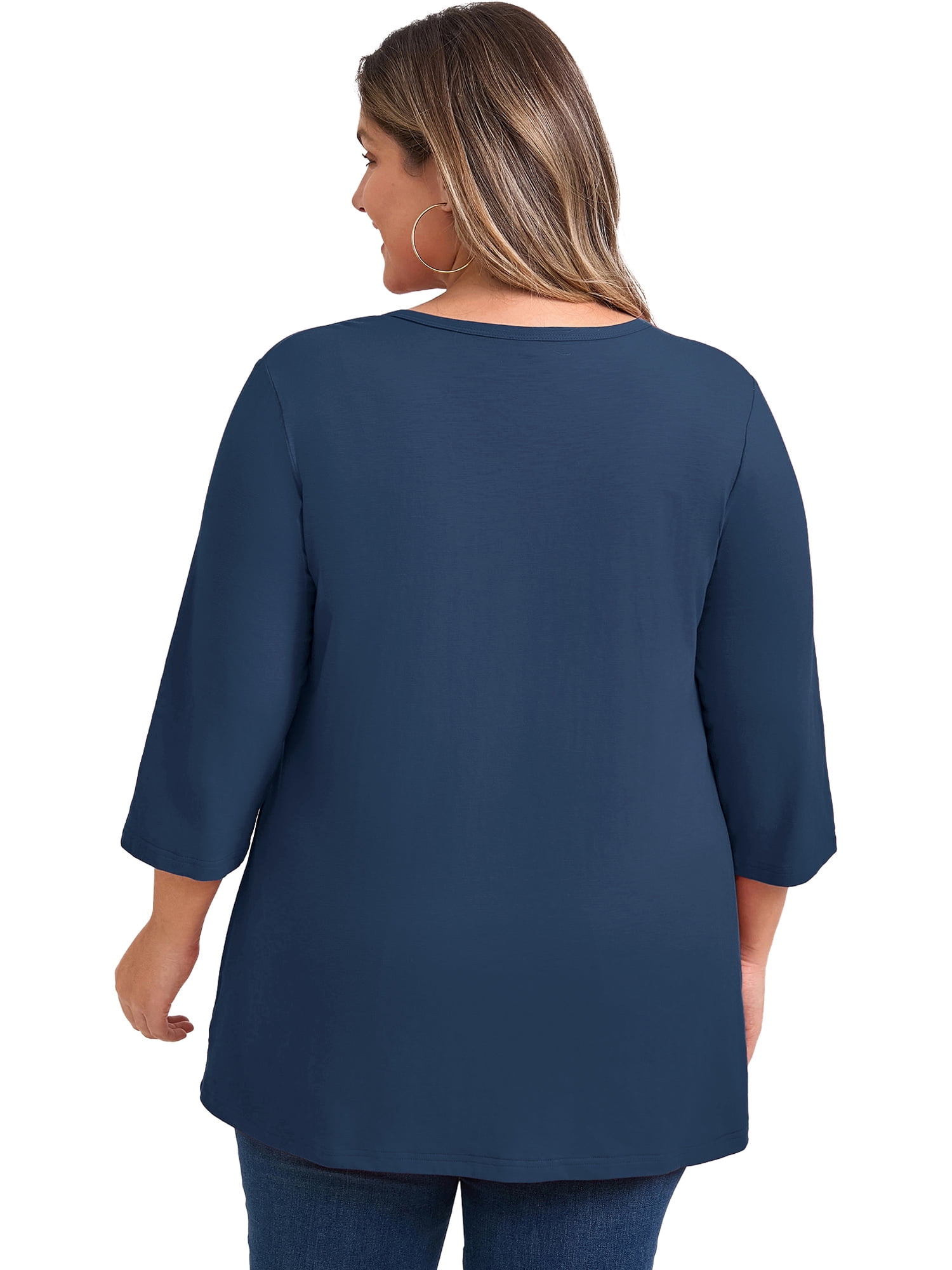 Women's Plus Notched Neck 3/4 Sleeve Front Pleated Button Decor Blouses Dressy Casual 1X Navy Blue