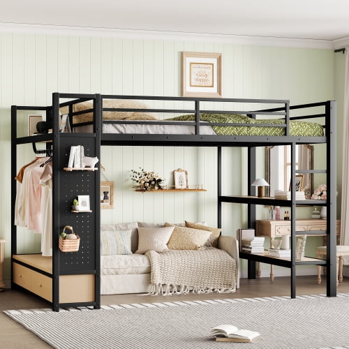 Queen Size Loft Bed with Wardrobe, Metal Loft Bed with Storage Shelves, Pegboard and Drawers, Space Saving Loft Bed for Bedroom, Black