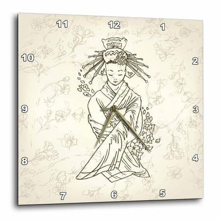 3dRose Pretty Outline Japanese Geisha Geigia Girl Sitting Asian Floral Oriental Decorative Design, Wall Clock, 10 by (The Best Asian Girls)