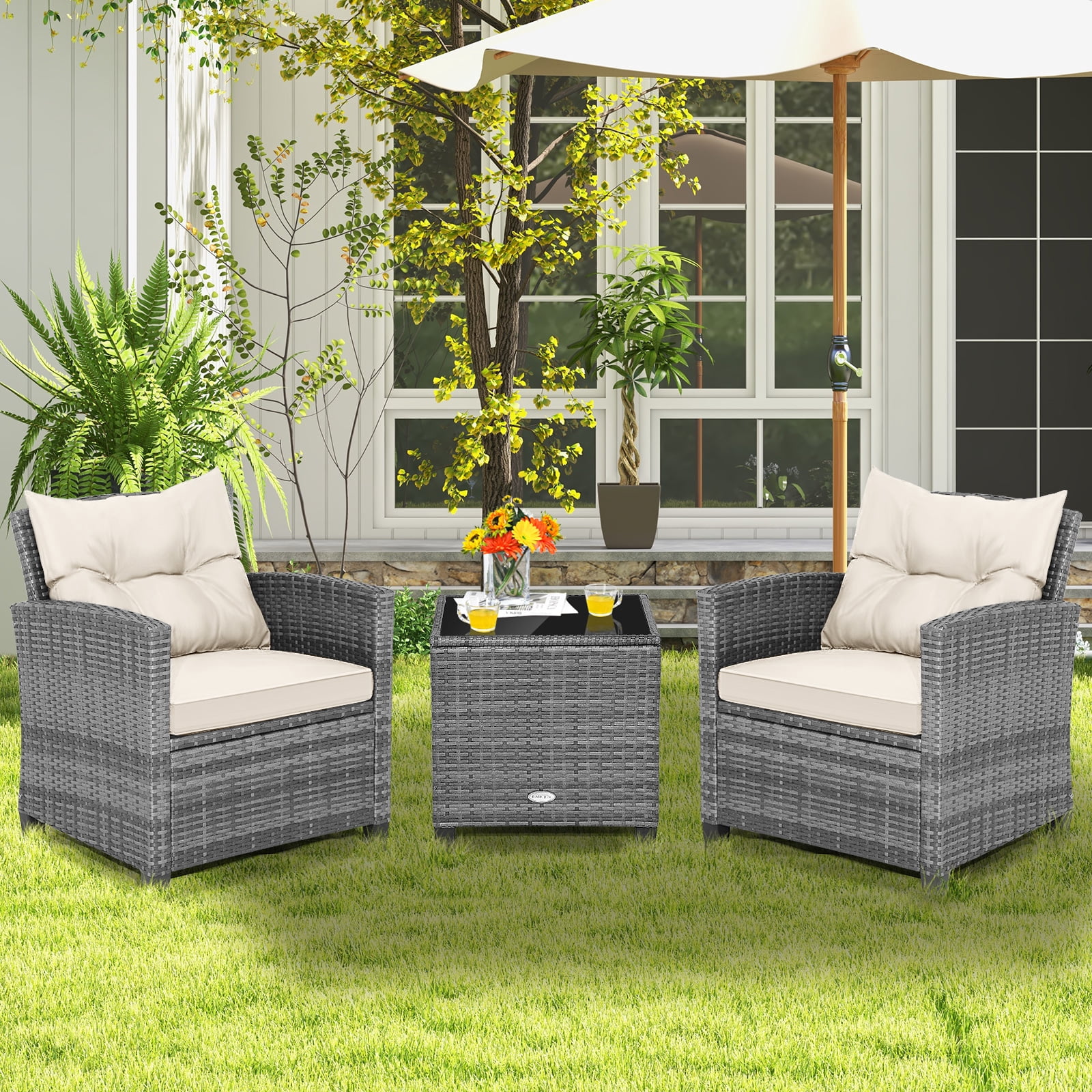 Costway 3PCS Patio Rattan Furniture Bistro Set Cushioned Sofas Side Table Armrest Beige,Mix Gray