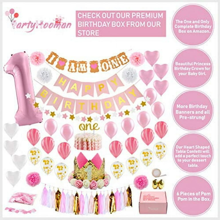 PartyHooman First Birthday Decorations Girl  1st Baby Girl 1 Balloon,  Happy Birthday Banner, One Cake Topper, Star Garla 