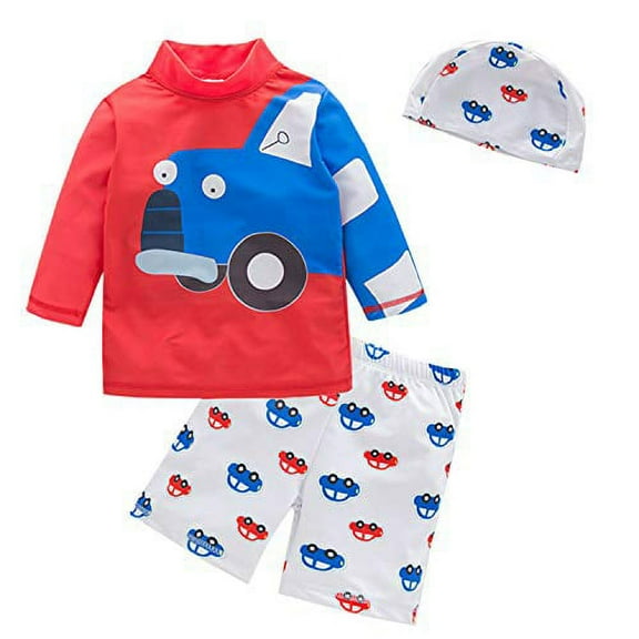 stylesilove Kid Boys Chic Graphic Rash Guard with Swim Hat 3pcs Swimsuit Pool Party Swimwear Beach Bathing Suit (Blue Car/Red, 4T)