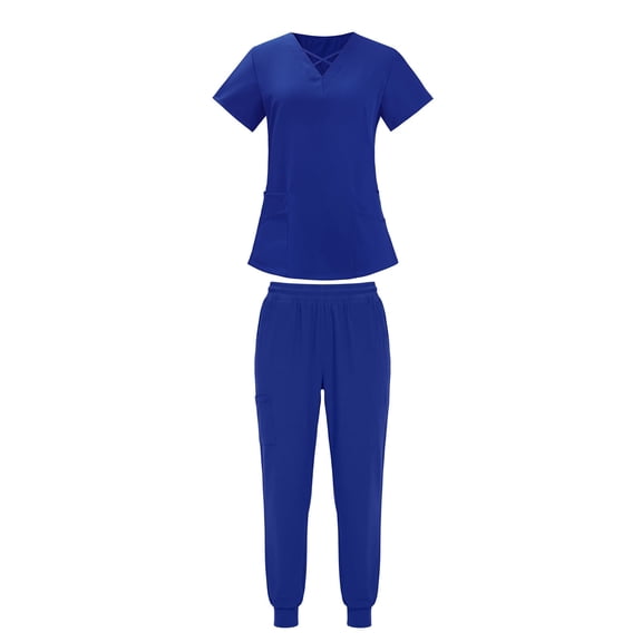 MOJOGO Women's 2 Piece Scrub Set V Neck Crisscross Top and Cargo Jogger Pants Work Nurse Uniform Blue L