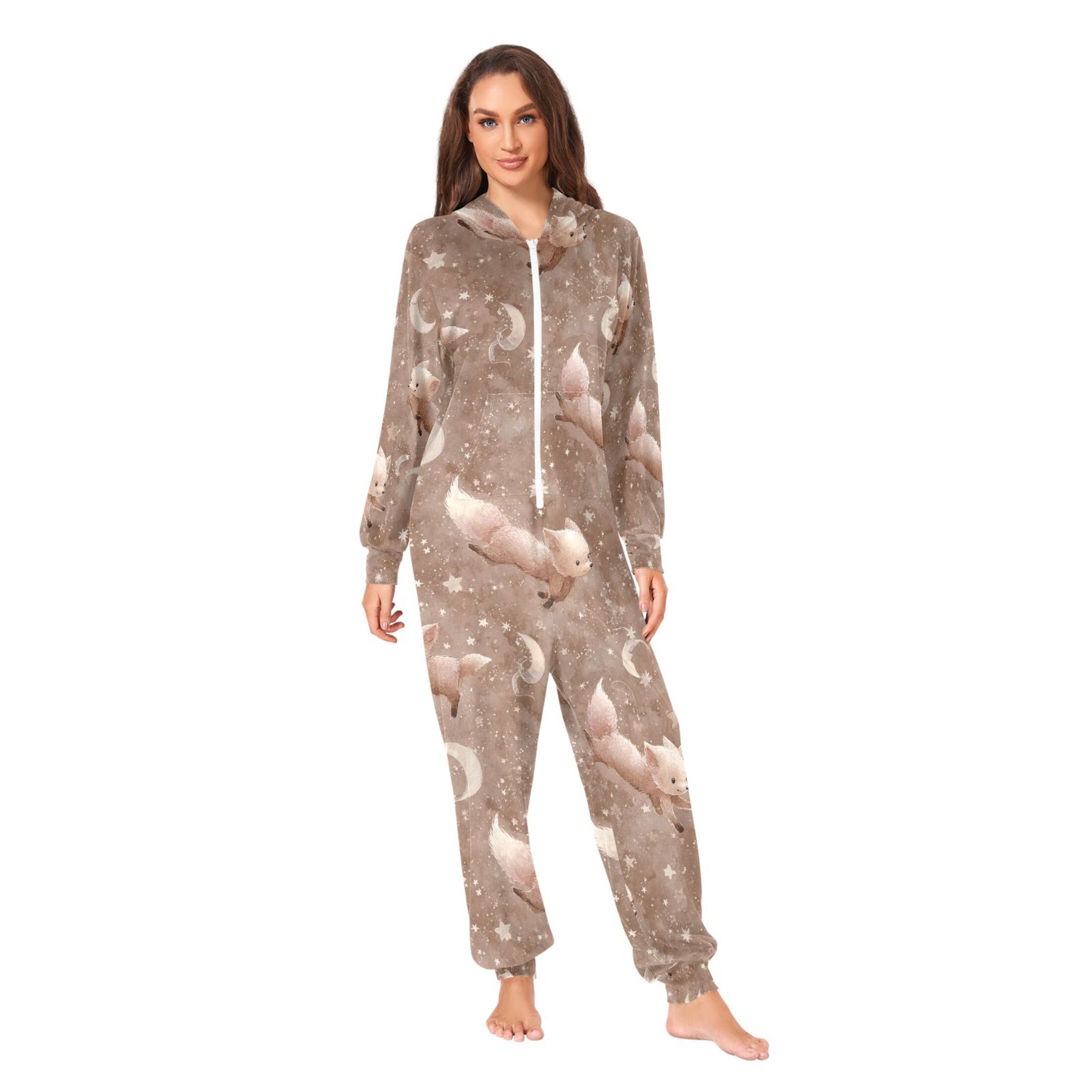 Adult Christmas Onesie Jumping Little Fox Adult Zipper One-Piece Pajamas Unisex Pajamas with Pockets