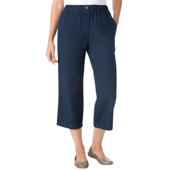 Woman Within Plus Size 7-Day Elastic-Waist Pull-On Cotton Denim Capri Jeans