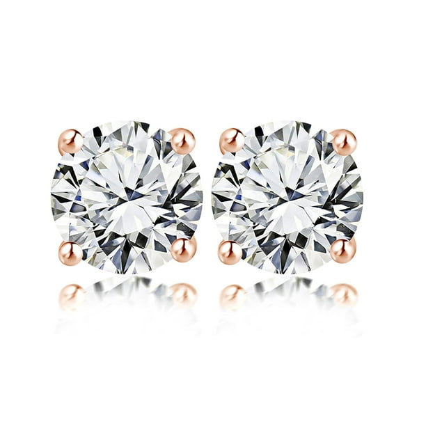 JeenMata Aros Solitarios de Diamantes Redondos de 0,5 Quilates con 4 Puntas en Baño de Oro Rosa de 18 K sobre Plata