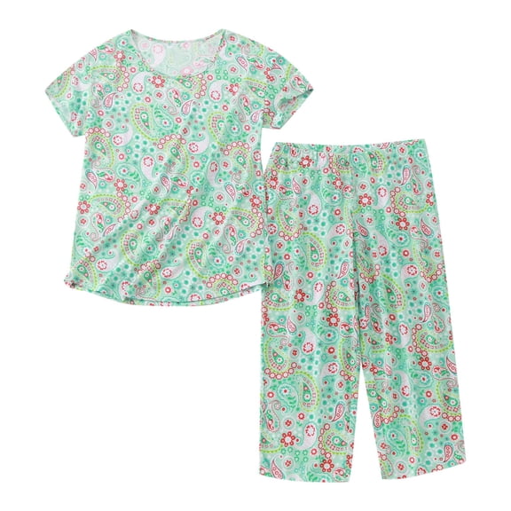 Gaexia Plus Size Pajama Set for Women Short Sleeve Top Capri Pants Sleepwear Casual Home Loungewear Pajama Set