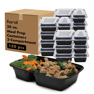 Karat [150 Pack - 30oz] Reusable Microwavable Meal Prep Containers with Lids | 2 Compartment | Black Rectangular Plastic Food Containers (IM-FC1030B-2C)