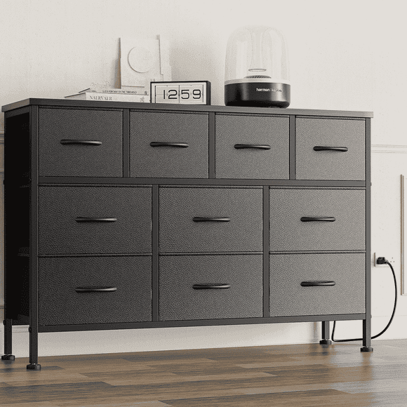 GIKPAL Commode Meuble Télé, Commode 10 Tiroirs pour Chambre avec Prise de Courant, Commode pour Télé de 50 Pouces de Long, Commode en PU pour Rangement et Organisation, Noir