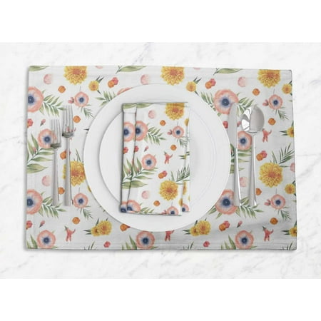 

S4Sassy White chrysanthemum & Anemone Floral Everyday Washable Placemats With Napkins Dining Table Decor