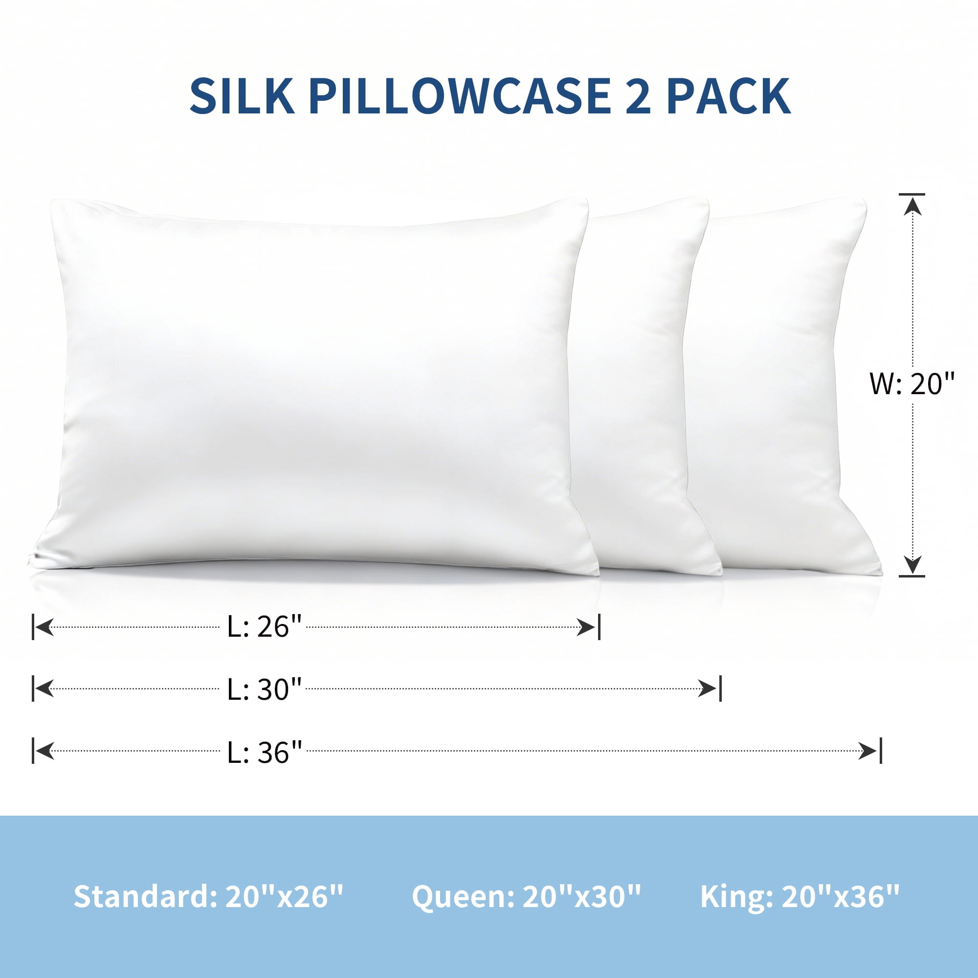 Dafinner Luxury Set of 2 Pure Mulberry Silk Pillowcases with Hidden Zipper Queen Size, Silky Pillow Cases for Skin & Hair (20x30, White)