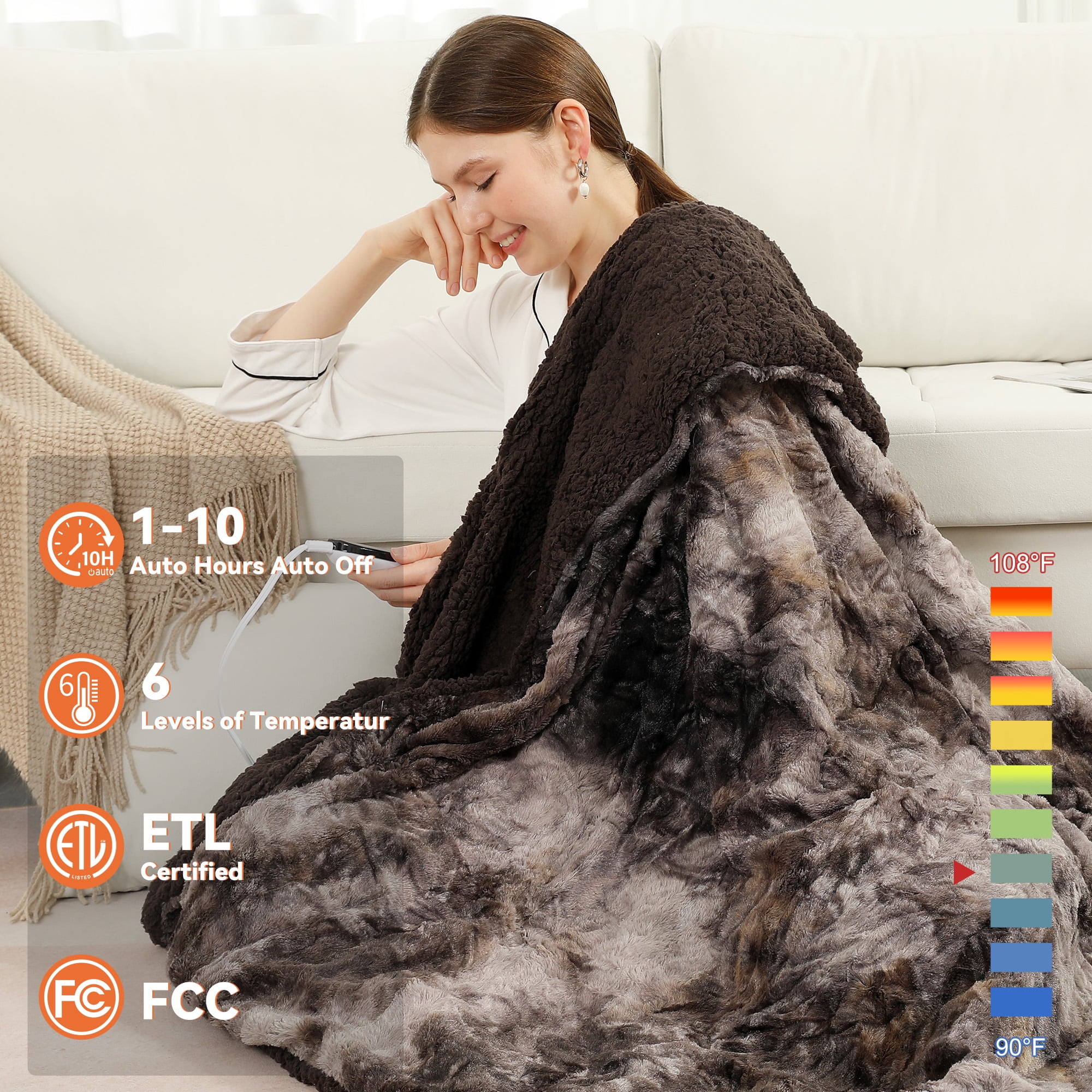 TRUSTWARMTH Electric Heated  Blanket Twin Size- Faux Fur Sherpa 62"x84" Fast Heating Bed Blankets Throw with 6 Heating Levels & 10 Hours Auto off, Over-Heat Protection ETL, Brown