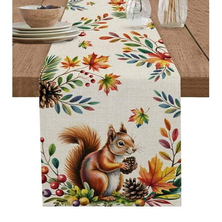 

Colorful Squirrel Table Runner Botanical Berry Pine Cones Rustic Tablerunners 16 x 72 Inch Table Decorations Tabletop Scarf for Summer Gathering Holiday Farmhouse Kitchen Dining Decor