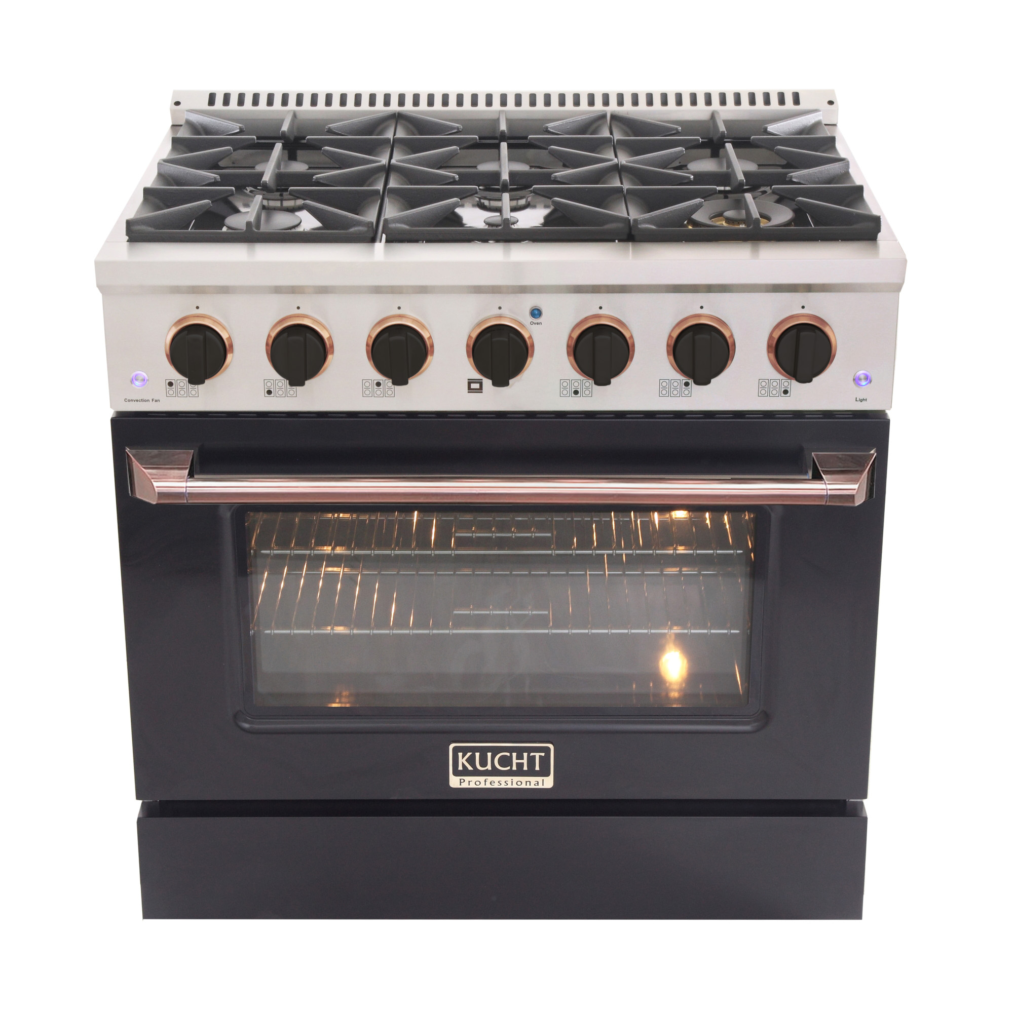 36 in. 5.2 cu. Dual Fuel Range for Natural Gas in Rose Gold Handle & Knob Rings.
