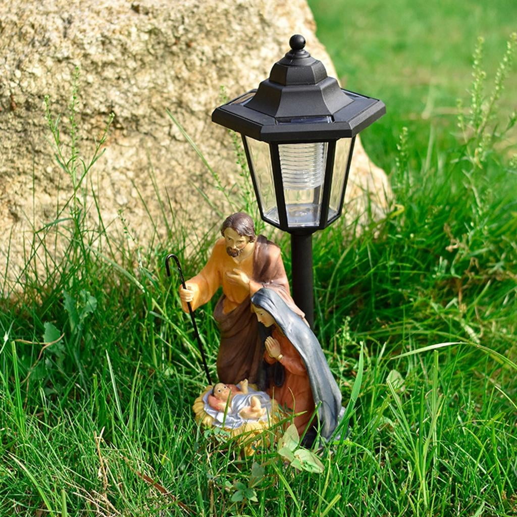 Outdoor Solar Light Religious Nativity Scene Resins Sculpture Christian Holy Family Display Garden Lawn Decoration