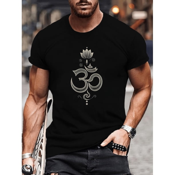 Men's Casual Geometric Om Symbol Print T-Shirt - Round Neck, Regular Fit, Summer Short Sleeve Tee for Adults