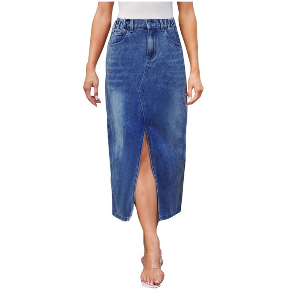 Mrat Jeans Skirt Women's Casual Denim Skirt High Waist Split Front Long Jean Skirts Women Skirts Summer S-94 Dark Blue L