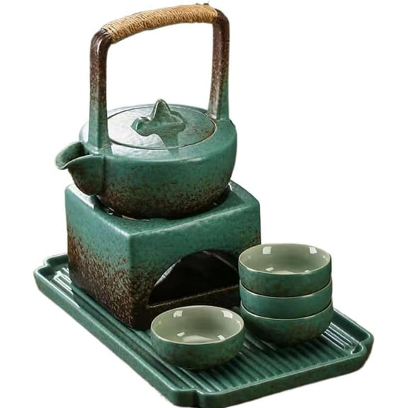 Ceramic travel tea set. 1 pot, 4 cups, 1 tea tray, 1 tea warmer, Chinese Kung Fu tea set, 2 colors (green)
