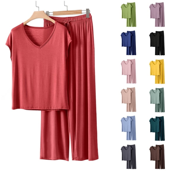 Paiwinds V-Neck Pajama Set for Women - Short Sleeve Solid Color Top & Loose Pants, Cotton Blend Breathable Home Sleepwear