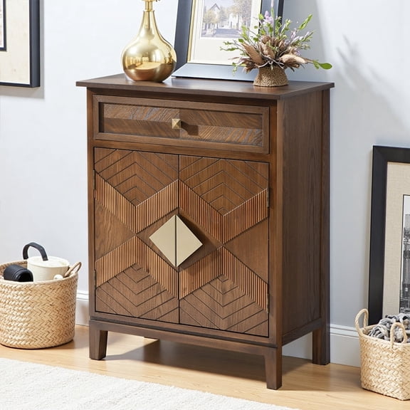 Ahokua Mid-Century Modern Accent Cabinet with Geometric Inlay Doors, Drawer and Interior Shelf, Warm Walnut