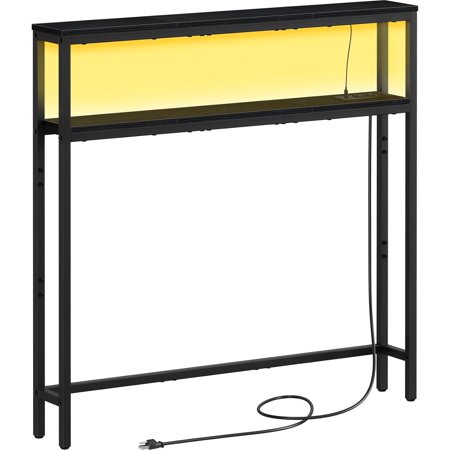 2 Tier Narrow Console Sofa Table with LED Strip Light, 5.9" Long Skinny Behind Couch Table with Power Outlets, Narrow Tall Entryway Table for Living Room and Hallway, Black
