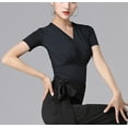 thumbnail image 6 of Short Sleeve Latin Ballroom Dance Tops Stretch Jersey V-Neck Ruched Wrap-Over Fitted, 6 of 7