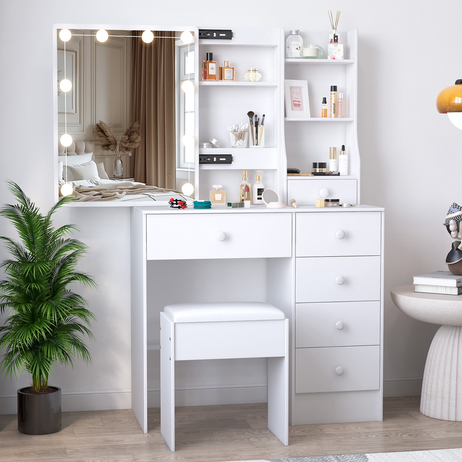 Caulitar Makeup Vanity Set with Sliding Mirror, Makeup Table With 3-Color LED Lights Vanity Desk with Stool & 6 Drawers & Shelves, White
