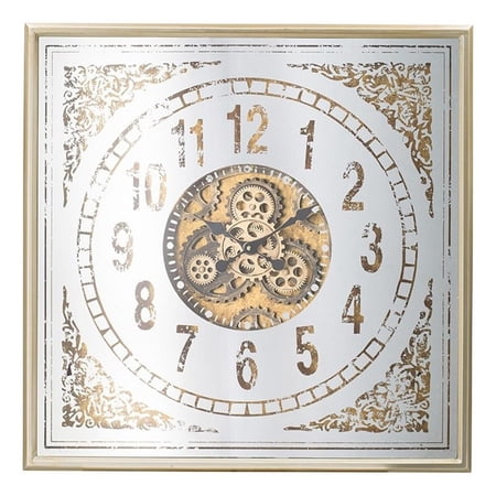 Benjara 32 Wall Clock- Decorative Gear Design- Square- Iron- White & Brown