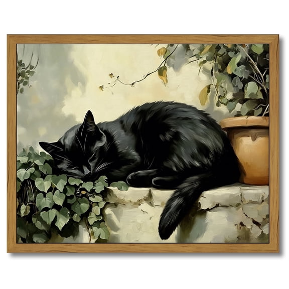 Drsoum Black Cat Canvas Wall Art Vintage Sleeping Cat with Plant Picture Wall Decor Paintings Cute Animal Poster Prints Rustic Aesthetic Home Decor Bathroom 8x10in Brown Framed