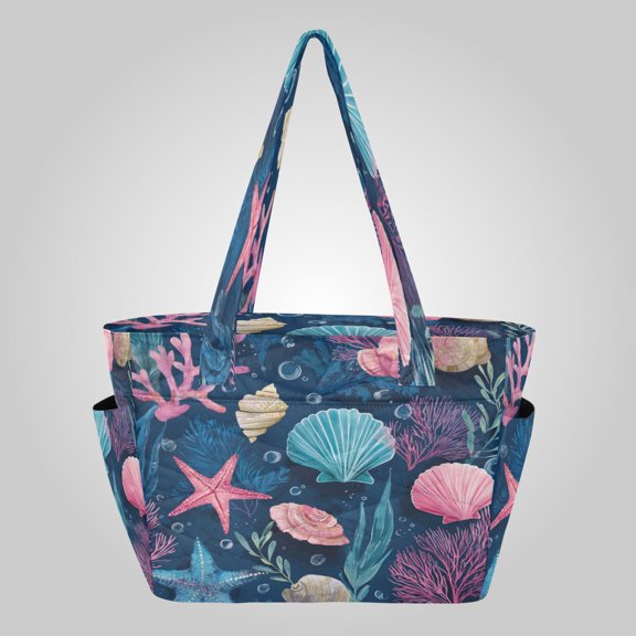 Quilted Tote Bag Large Capacity Multi-Compartment Handbag Lightweight Structured Shoulder Bag Versatile Casual Bag Dreamy Ocean Shell Print
