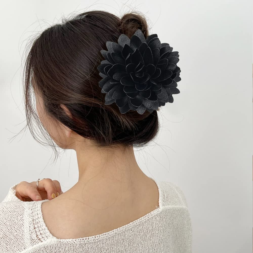 4 Pack Big Large Satin Rose Floral Flower Plastic Hair Claws Clips Bow Barrettes Clamps Bun Chignon Updo Holders Hair Accessories for Women Girls