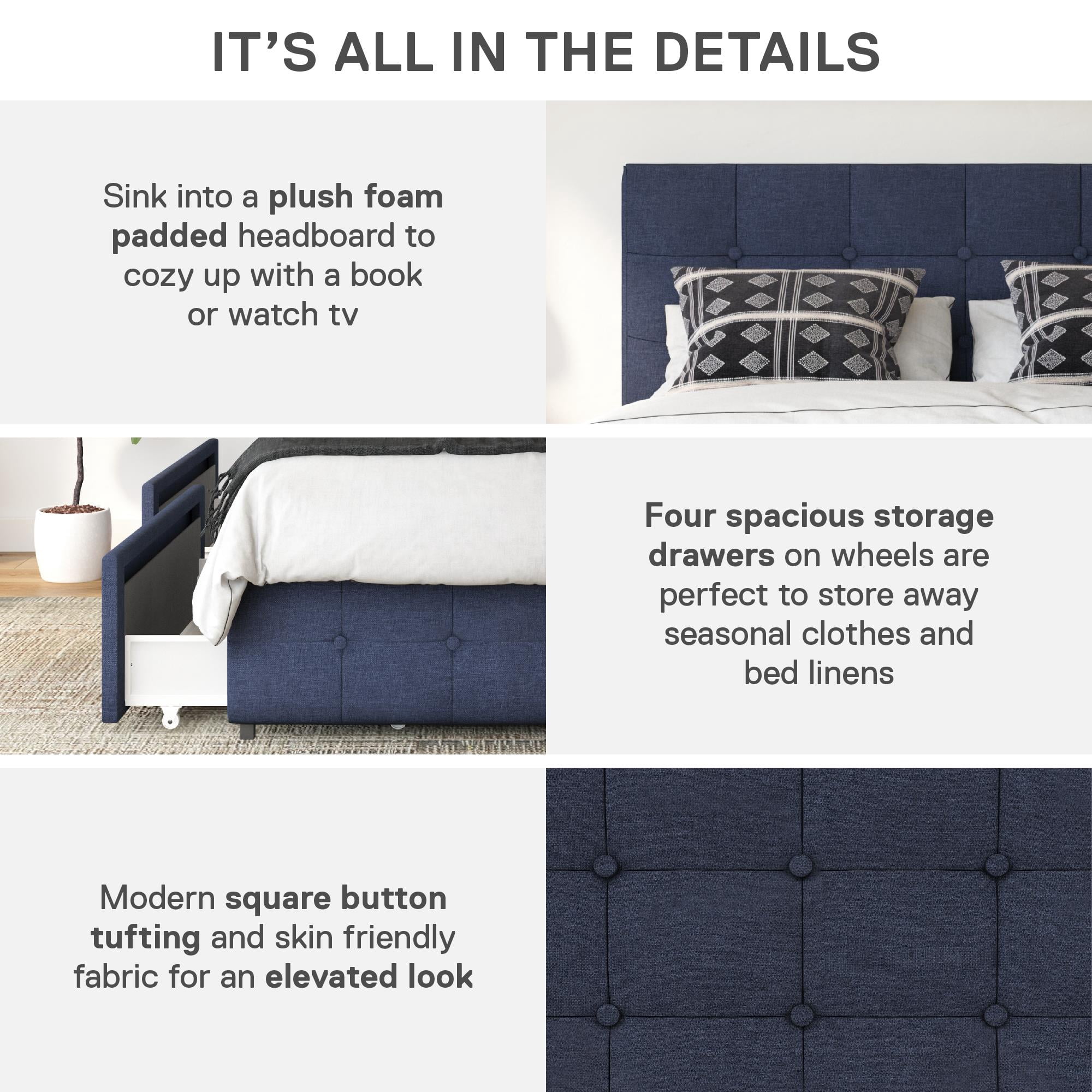 DHP Rose Tufted Upholstered Storage Bed Frame, Queen, Blue Linen