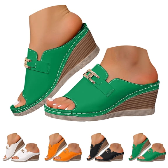 Dakaela Slip on Wedge Sandals for Women Leather Open Toe Platform Summer Beach Slides Espadrilles Comfortable Dressy Sandal Mules Size 6-10 Black