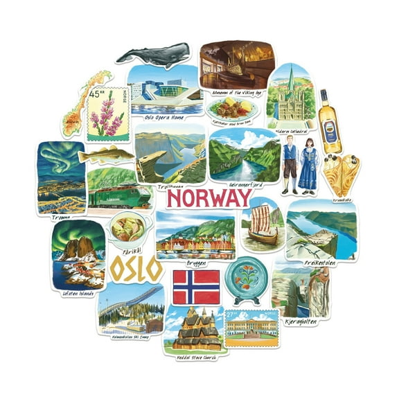 Navy Peony Nordic Norway Travel Stickers (28pcs) - For Journals, Scrapbooks, Water Bottles
