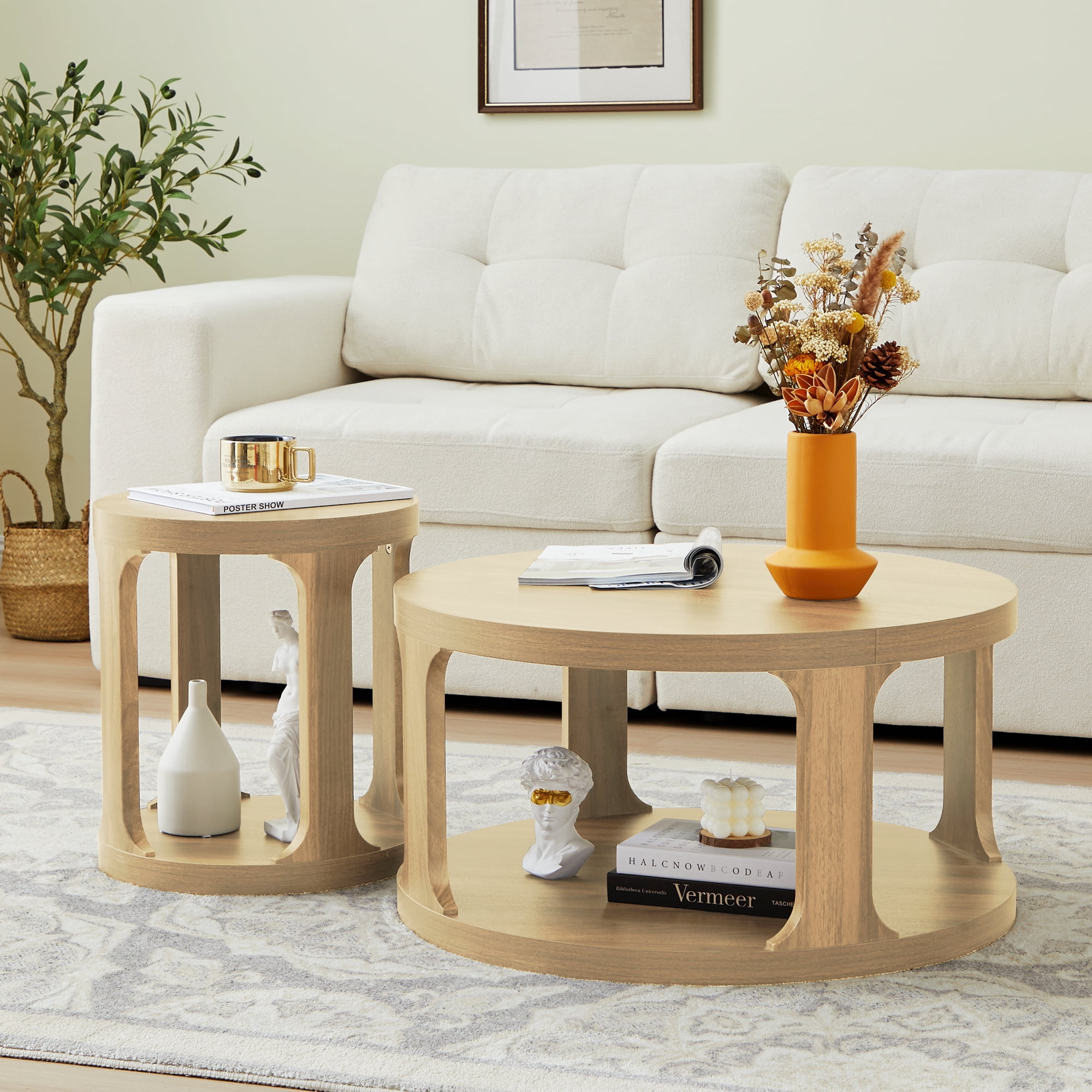 Weselon Wood  Nesting Coffee Table Set of 2, Natural Round Coffee Table with 2-Tier Storage Shelf, Rustic Center Table, Circle Coffee Table for Living room Bedroom, Small Table for Small Space
