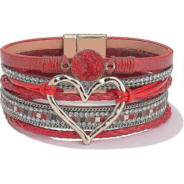 1 Pcs Heart Leather Wrap Bracelets Stackable Boho Cuff Bangles Trendy Resin Stone Rhinestone Bracelets With Magnetic Clasp For Women Christmas Gift