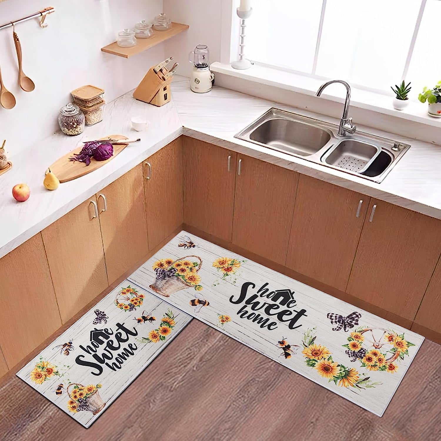 Sunflower Kitchen Mats for Floor, Set of 2 Non Skid Washable Kitchen