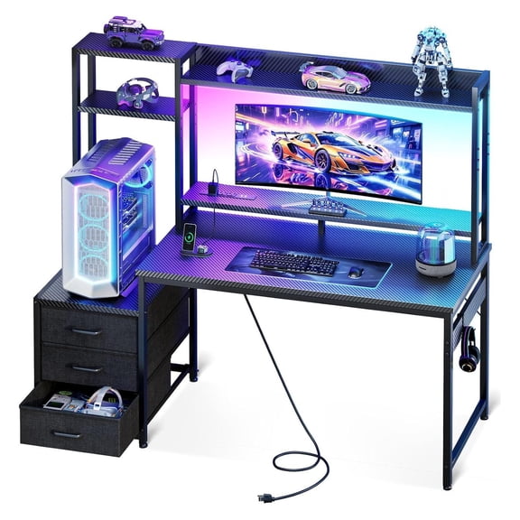 Gaming Desk with Hutch & Drawers, LED Lights, PC Tower Shelf - 63 Inch Computer Desk for Gamers, Home Office Desk with RGB Lighting & Storage