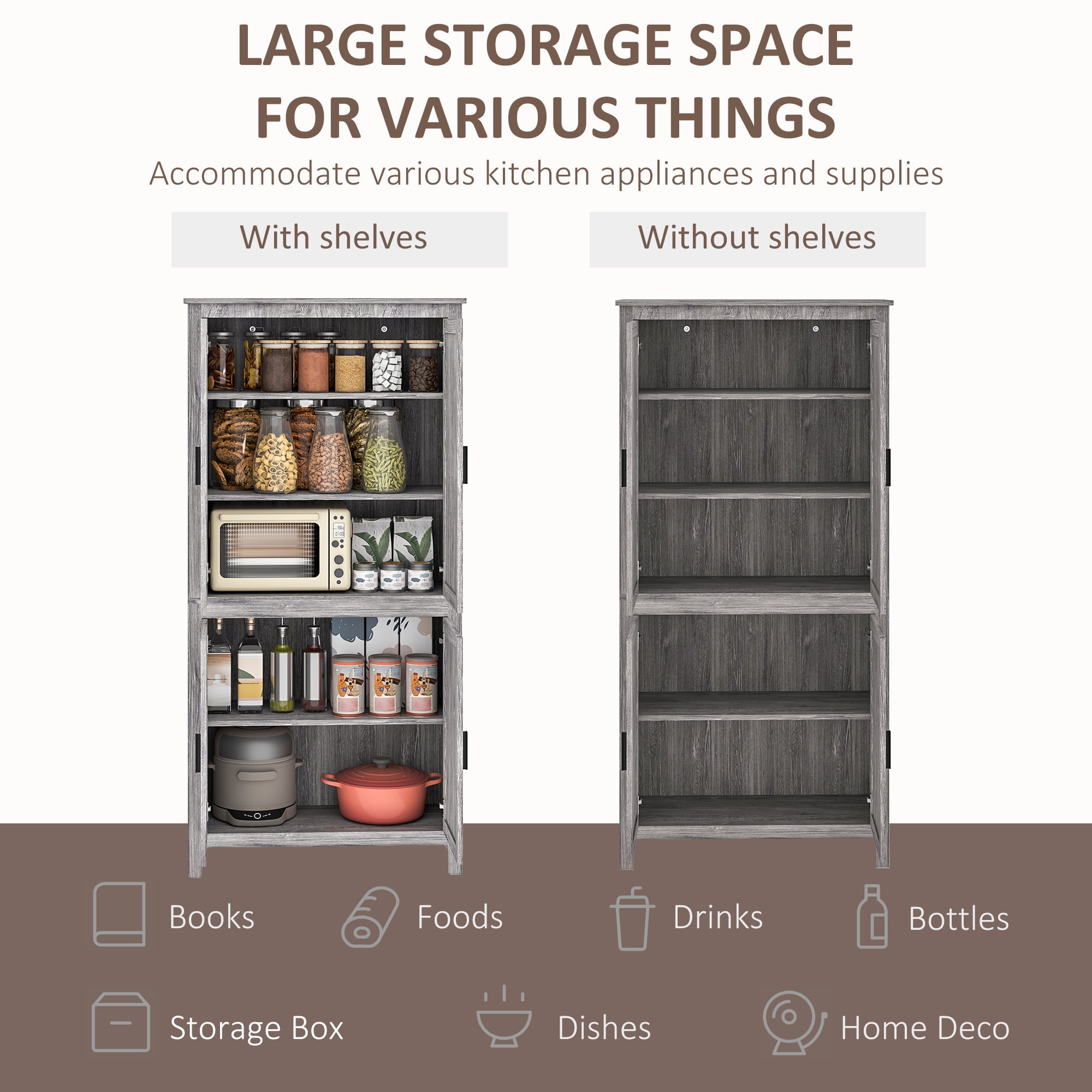 HOMCOM 64" 4-Door Kitchen Pantry, Freestanding Storage Cabinet with 3 Adjustable Shelves for Kitchen, Dining or Living Room, Gray Oak