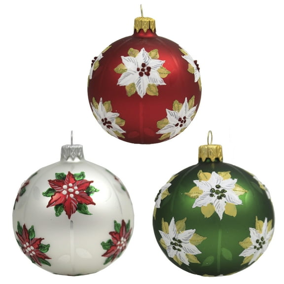 Santa Land 4.00In Christmas Poinsettia Silver S/3, Glass, Ornamet Flower Ball Floral Mcm 20M1040
