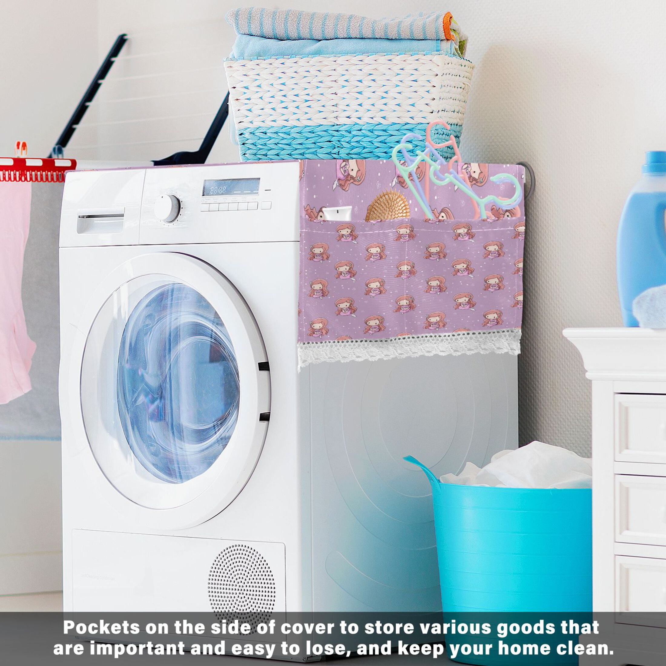Dustproof Washing Machine Cloth Washer and Dryer Top Covers, Fridge Dust Cover, With Storage Bags Cartoon Mermaid Pattern