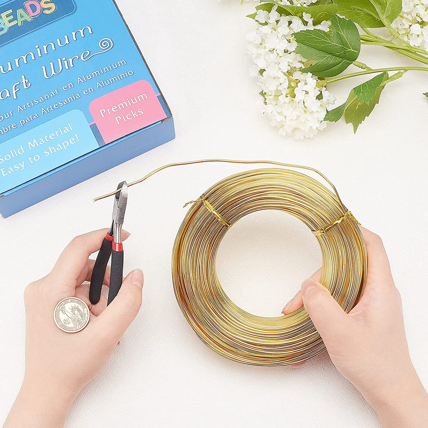 Round Anodized Aluminum Wire Bendable Metal Craft Wire for DIY Jewelry Craft Making Gold 12 Gauge 2mm 55m/500g(180.4feet/500g) 500g