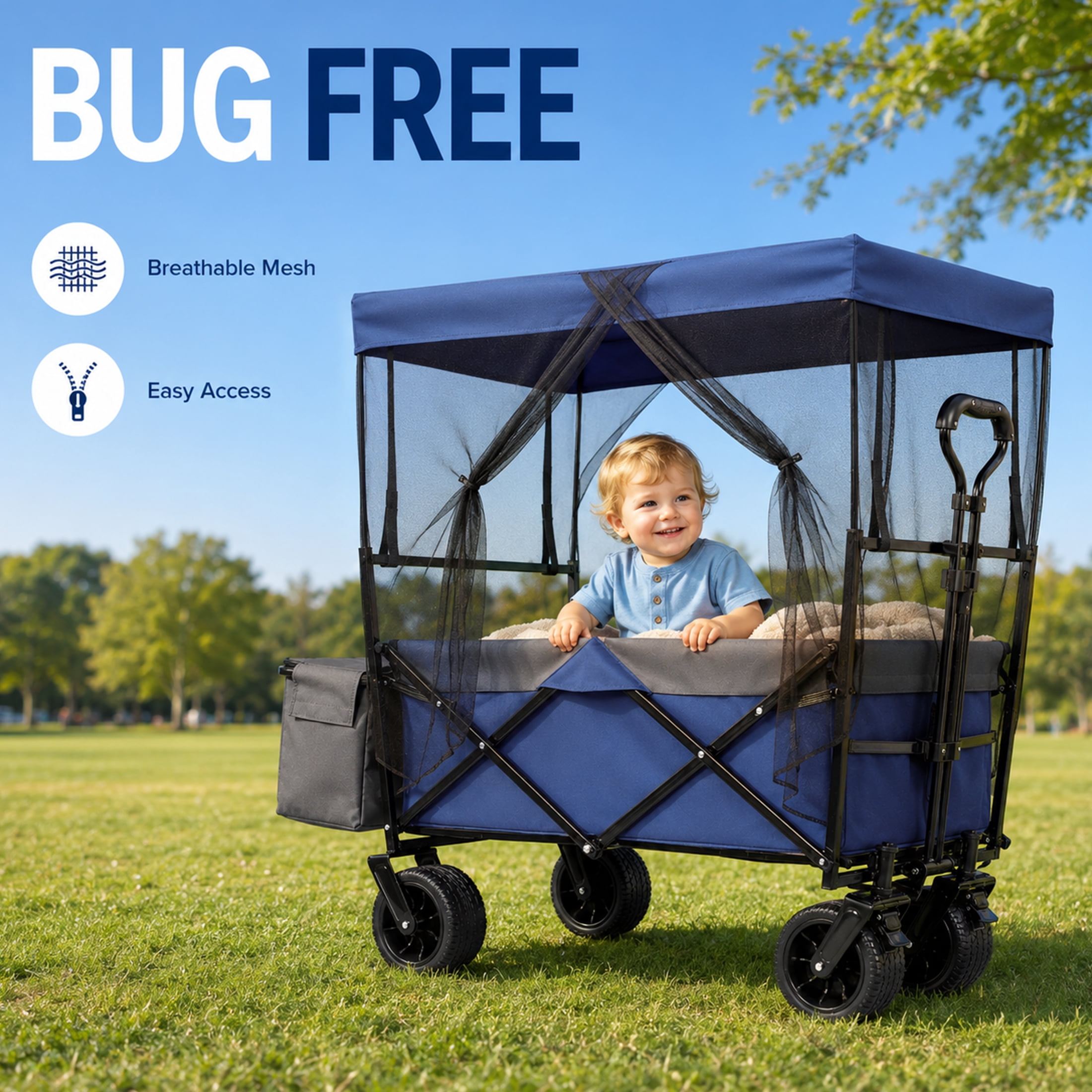 480 lbs Collapsible Wagon with Canopy & Mosquito Net, Heavy Duty Folding Wagon Stroller with 7"x4" All-Terrain Wheels, Cup Holders for Camping, Shopping, Dark Blue