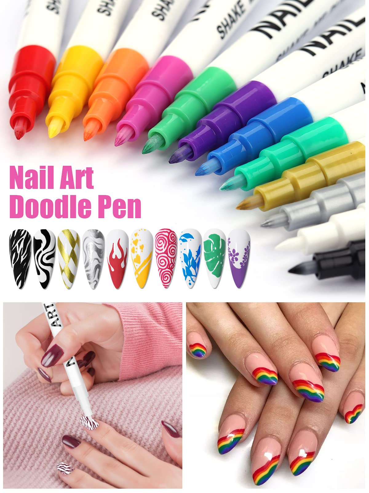  U-Shinein 12 Colors Nail Art Pens, 3D Painted Drawing Nail  Graffiti Pen, Liner Nail Point Quick Dry & Waterproof Nail Art DIY Painting  Pen, Doting Flower Letter Abstract Lines Details