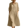 thumbnail image 2 of QUNYINEY Dresses for Women Cotton Linen Midi A Line 3/4 Sleeve Shirt Dress Collared with Pockets Loose Fit Button Solid Dresses S-2XL, 2 of 7