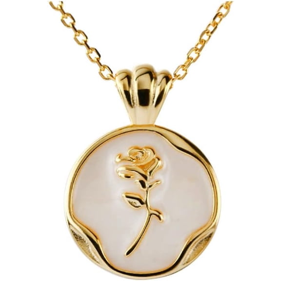 Round Rose Flower Pendant Necklace for Women 925 Sterling Silver Shell Pearl Embossed Link Chain Adjustable Birthday Wedding Anniversary Jewelry for Mother Daughter 18 Inch