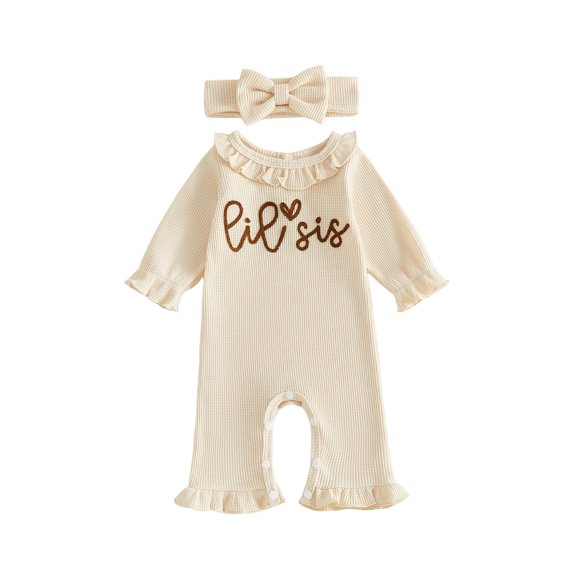 RUINIXCW Baby Girl Little Sister Outfit Newborn Baby Girl Hospital Coming Home Outfit Waffled Romper Infant Baby Girls Fall Winter Clothes Long Sleeve Jumpsuit Headband Set