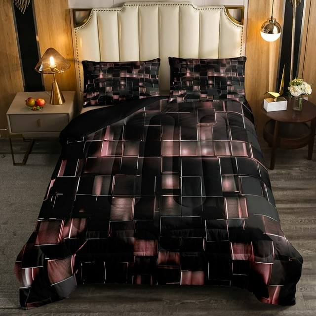 Black and Light Pink Comforter Set Modern Geometric Bedding Comforter Sets Gradient Neon Cubes Queen Quilt Set Girls,Abstract Square Grid Duvet Insert Geometry Lattice Wall Brick Decor