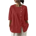 thumbnail image 3 of Mujeres 3/4 Manga Verano Tops Color Sólido Cuello Redondo Botón Cordón Blusa Casual para Diario, 3 of 7